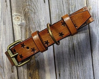 Personalized Leather Dog Collar with Custom Tag – Handmade Light Brown Collar Star Cutout Design