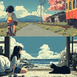 May include: An anime-style illustration depicts a serene landscape. A person rides a bicycle on a road, with a mountain in the distance. The lower half shows a person looking out at the ocean with a black cat.