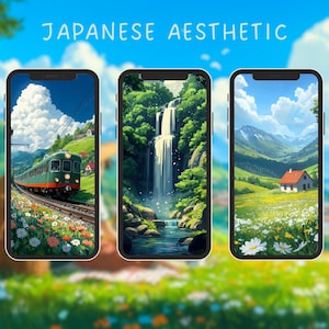 May include: Three smartphones displaying Japanese aesthetic landscape art. The screens feature a train, a waterfall, and a house in a field. The background is a blurred image of a green field and a blue sky with the text "JAPANESE AESTHETIC".