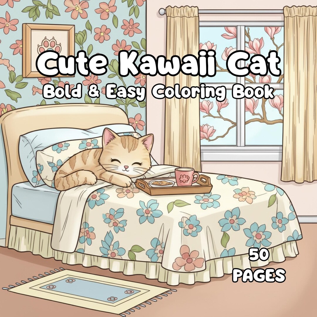 Cute Kawaii Cat Coloring Pages Printable PDF – Cozy Bold & Easy Cat ...