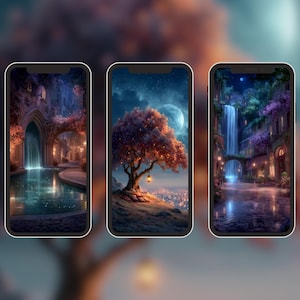 May include: Three smartphones displaying fantasy landscape wallpapers. Each features a different scene: a waterfall, a tree under a moonlit sky, and a building with a water feature. The images have a soft, dreamlike quality with warm and cool color palettes.
