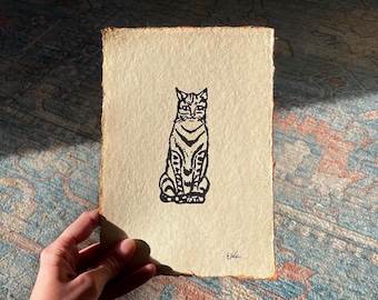 手作りのヴィンテージ猫の絵 - オリジナルのペンとインクのアート