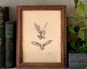 Original Owl Art, Vintage Pen and Ink Drawing on Handmade Paper, Delicate Owl Cottagecore