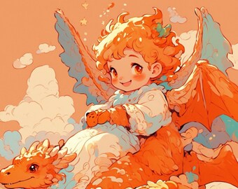 Boy on Orange dragon, fun ,bright art for kids rooms.
