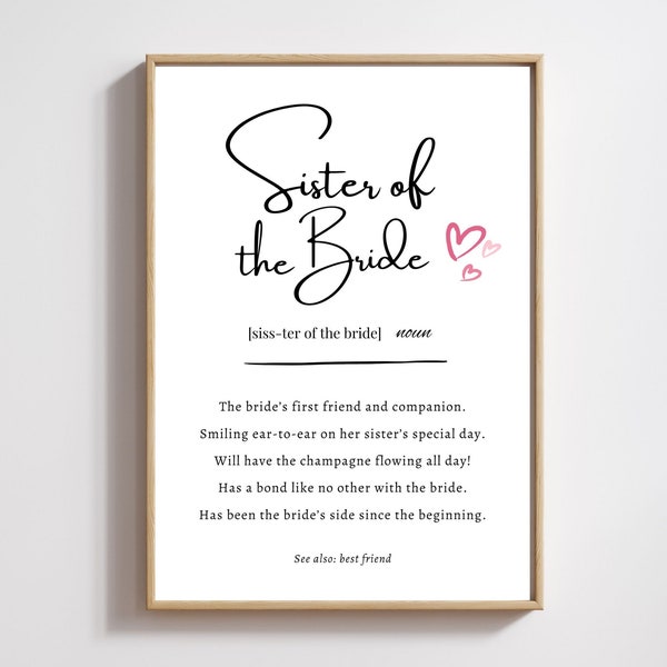 Sister of the bride definition print, sister of the bride gift, wedding gift for sister, mother wedding favour, thank you sister at wedding