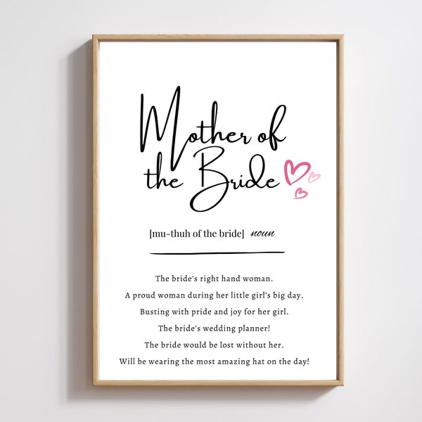 Mother of the bride definition print, mother of the bride gift, wedding gift for parents, mother wedding favour, thank you mom at wedding