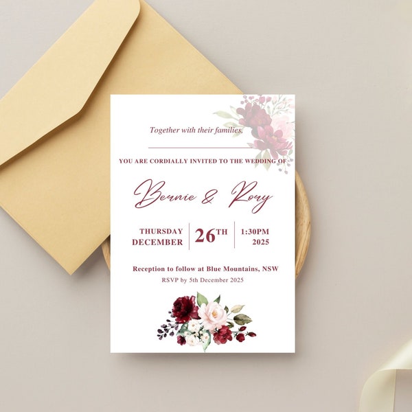 Minimalist Burgundy Wedding Invitation Template, Burgundy Wedding Invite, Elegant Minimalist Wedding Suite, Burgundy Invite, Editable