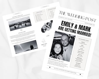 Newspaper Wedding Program Template, Editable Wedding Newspaper Program, Printable Unique Wedding Newsletter, Folded Wedding Day Program.