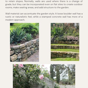 May include: Images showcasing various garden walls. One image features a rustic stone wall with plants, another shows a stone wall with steps, and a third displays a concrete wall with climbing roses and greenery. The walls add structure and style to gardens.