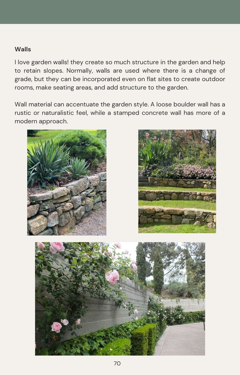 May include: Images showcasing various garden walls. One image features a rustic stone wall with plants, another shows a stone wall with steps, and a third displays a concrete wall with climbing roses and greenery. The walls add structure and style to gardens.