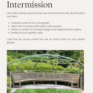 May include: The image features a wooden bench with a curved back, set in a garden. Above the bench is a green metal arch structure. The text "Intermission" is at the top, with a list of garden planning steps. The bottom right corner has the text "Sleepy Cat Farm, Greenwich, CT".