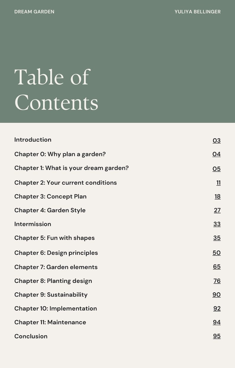 May include: A book page with the title "Table of Contents" in large, elegant font. The page lists chapters about garden planning, design, and sustainability. The background is a muted green color, with the author's name at the top.