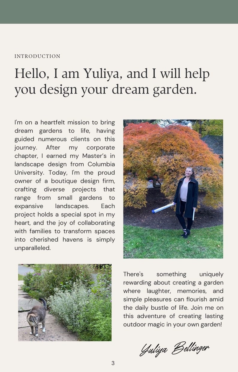 May include: Page from a design firm's website with the text "Hello, I am Yuliya, and I will help you design your dream garden." Includes photos of a garden and a woman holding a design plan. The firm owner's signature is at the bottom.