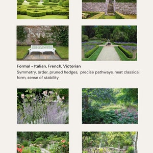 May include: A page titled "Garden Styles and their subsets" with images of various garden designs. The text describes formal gardens with symmetry and pruned hedges, and naturalistic gardens with free-flowing layouts.