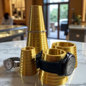 May include: Gold-colored watch sizing tools with graduated measurements. A silver bracelet and two watches are displayed with the tools. One watch has a black band and face. The other watch has a silver band and white face.