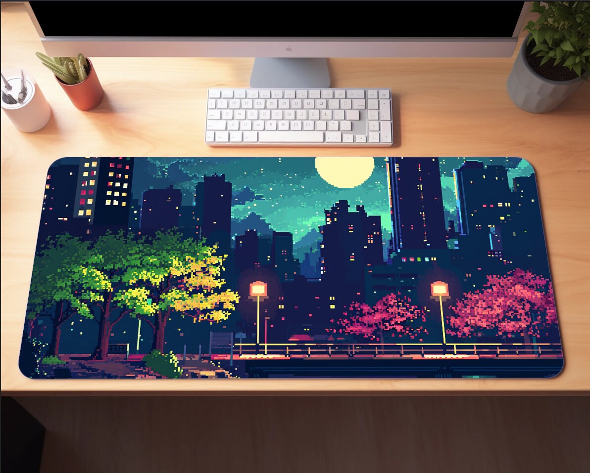 Lofi Pixel Art Desk Mat, Anime Desk Pad, Moon Pixel Desk Mat, Tokyo