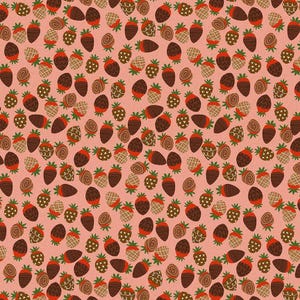 May include: A seamless pattern featuring a pink background with a repeating design of chocolate-covered strawberries. The strawberries are illustrated in a cartoon style with a brown chocolate coating and green leaves.