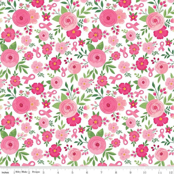 Strength in Pink Floral White by Riley Blake Designs | C12623-WHITE | Quilting Cotton Fabric | Breast Cancer Awareness | Pink Ribbon