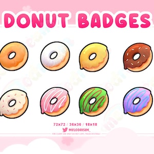May include: Set of eight donut badges in various colors and designs, including sprinkles, icing, and chocolate. The badges are available in three sizes: 72x72, 36x36, and 18x18. The text "DONUT BADGES" is at the top of the image, and the text "MELODREAM" is at the bottom.