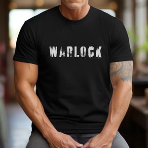 May include: Black t-shirt with the word "WARLOCK" printed in white distressed lettering.