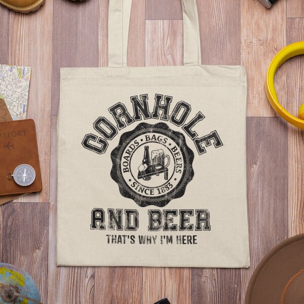 Cornhole And Beer That's Why I'm Here Tote Bag, Bag for Cornhole, Vintage Style Cracked Graphic, Worn Look, Gift for Dad, Retro, Collegiate