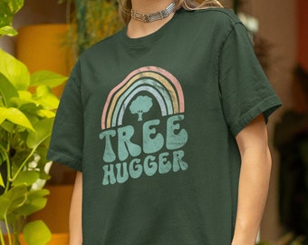 Tree Hugger Retro T-shirt with Worn In Graphic Loo Vintage Style Earth Day Save The Planet Environment, Stop Climate Change Tree rainbow