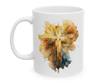 Watercolor Cross Coffee Mug, Inspirational Christian Gift, 11oz Ceramic Mug