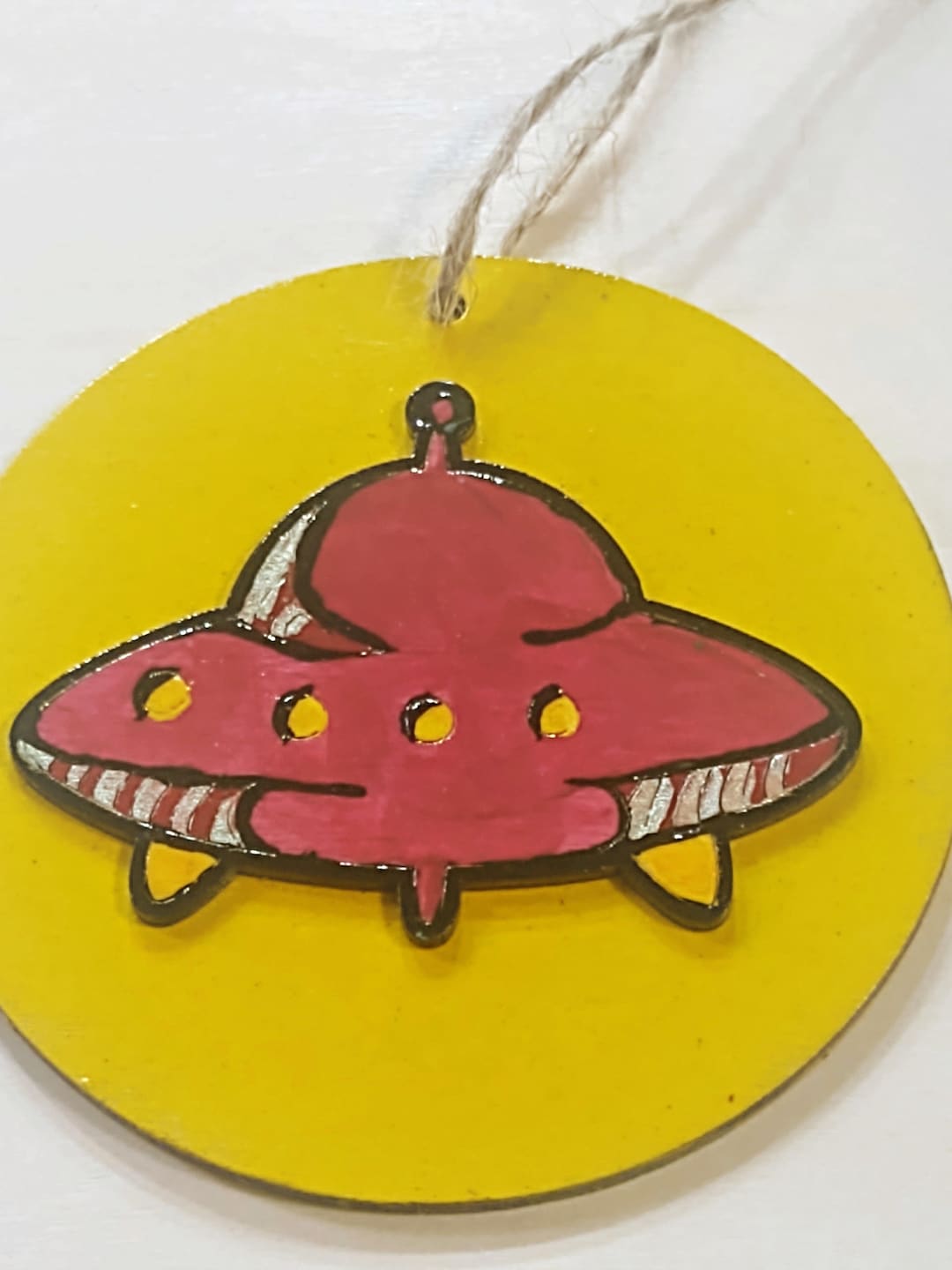 Hand Decorated Red Alien Space Ship Wooden Design Piece With Yellow ...