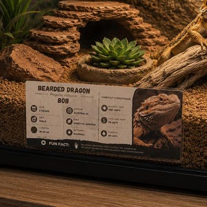 Peut inclure: Un terrarium pour reptile avec un dragon barbu. L'enclos comprend un fond rocheux texturé, un hamac tissé et une petite plante succulente. Un panneau fournit des informations sur les soins du reptile.