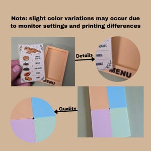 May include: A rectangular peach-colored frame with the word MENU printed on the bottom edge. A card displays a gecko illustration and food items including crickets, roaches, papaya, and mango. Additional panels in peach, blue, purple, and green are shown.