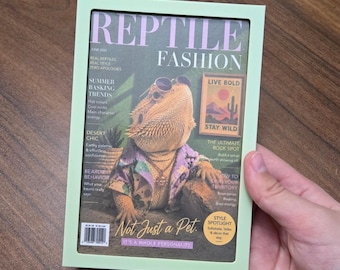 May include: A rectangular light green frame containing a magazine cover titled Reptile Fashion. The cover features a bearded dragon wearing sunglasses and a patterned shirt, with text including Summer Basking Trends and Not Just a Pet.