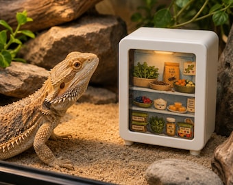May include: A miniature white refrigerator toy for reptiles, featuring three shelves stocked with tiny food containers, including bowls of greens, berries, and labeled bags of live bugs, calcium, and bee pollen, illuminated by an internal light.