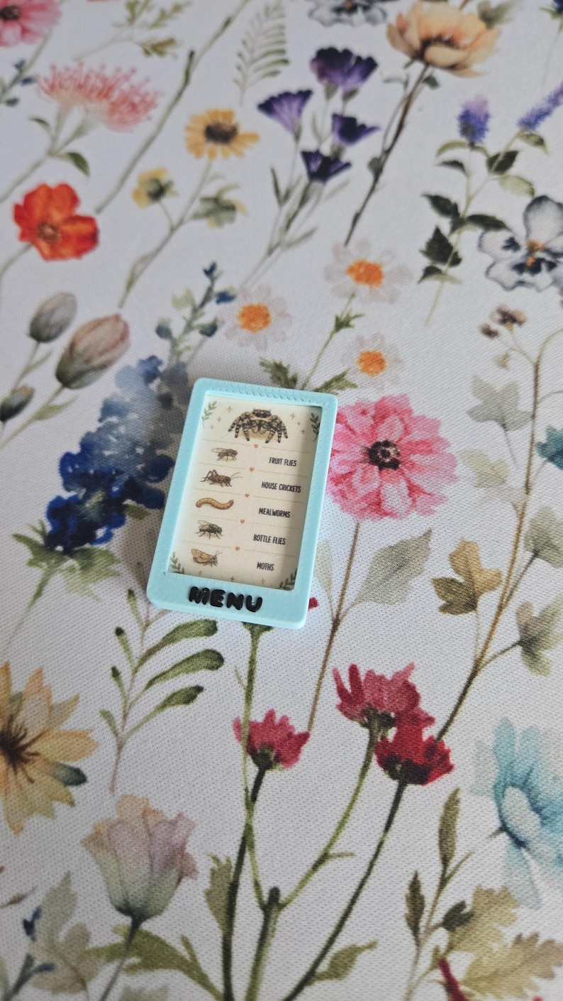 May include: A light blue rectangular frame containing a menu with illustrations of a spider, fruit flies, house crickets, mealworms, bottle flies, and moths. The word MENU is printed in black letters at the bottom of the light blue frame.