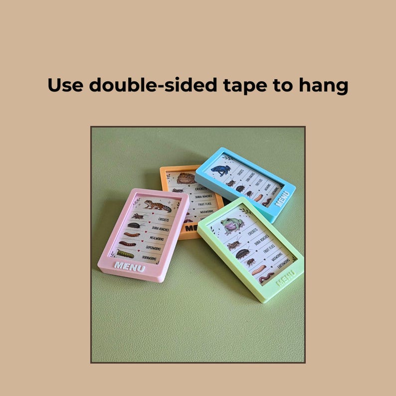 May include: Four rectangular frames in pastel pink, orange, blue, and light green, each labeled MENU. Inside are charts featuring illustrations of insects and reptiles with text labels. The text Use double-sided tape to hang is visible.