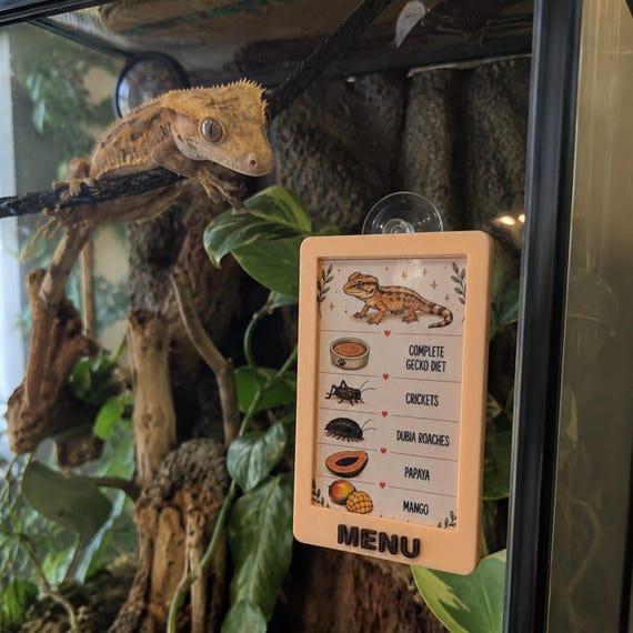 Crested Gecko Feeding Menu Sign | 3D Printed Terrarium Decor (3x2 inches)