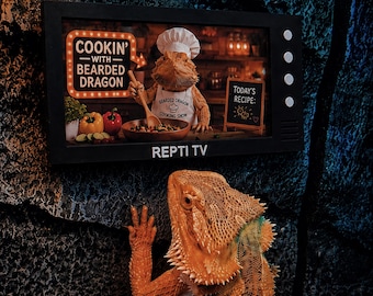 May include: A black rectangular television frame labeled REPTI TV displays a scene of a bearded dragon wearing a chef hat and apron, holding a wooden spoon over a bowl. The screen text reads Cookin' with Bearded Dragon and Today's Recipe.