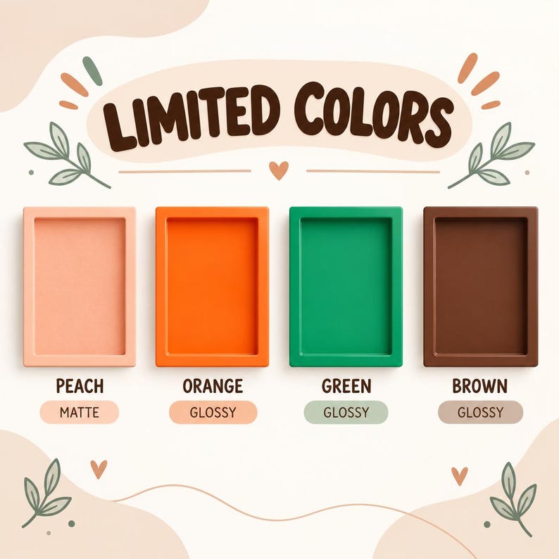 May include: Four rectangular trays arranged horizontally, labeled LIMITED COLORS. The peach tray has a matte finish, while the orange, green, and brown trays have a glossy finish. Each tray is identified by its color name and finish type below it.