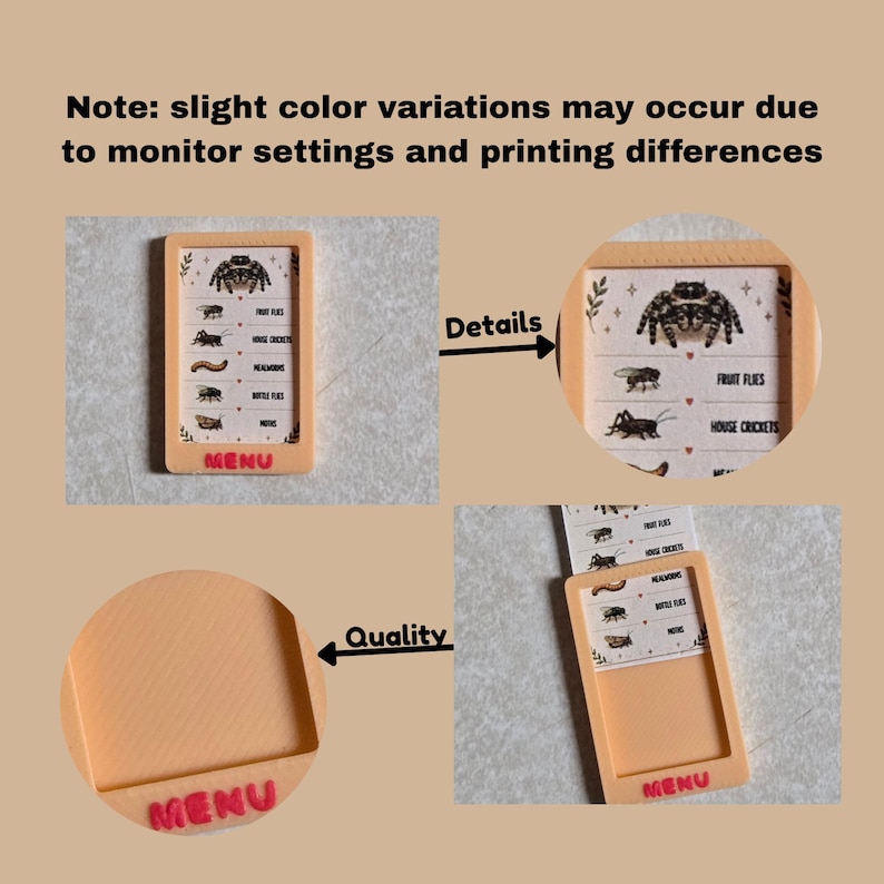 May include: A rectangular peach-colored frame with the word MENU in pink letters at the bottom. The frame holds a white card featuring a spider illustration and a list of insects including fruit flies, house crickets, mealworms, bottle flies, and moths.