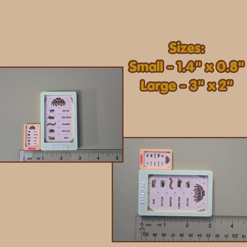 May include: Two rectangular signs labeled MENU, one small orange and one large light green, featuring illustrations of insects and the text Fruit Flies, House Crickets, Mealworms, Bottle Flies, and Moths. Sizes are 1.4 inches by 0.8 inches and 3 inches by 2 inches.