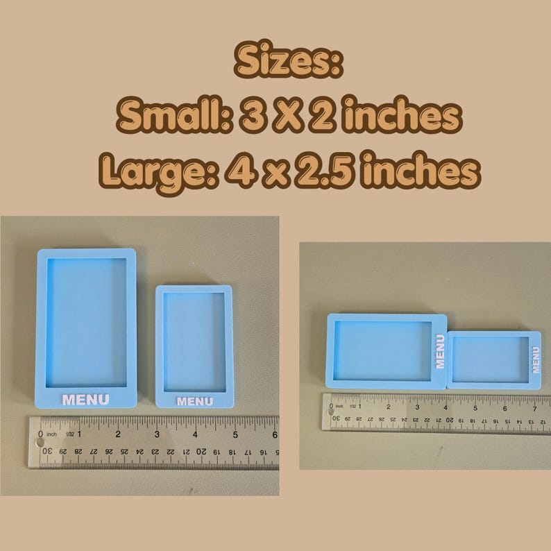 May include: Two light blue rectangular silicone molds with the word MENU embossed in white. The small mold measures 3 by 2 inches and the large mold measures 4 by 2.5 inches, as shown by the visible metal ruler in the image.