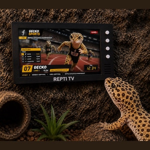 May include: A black rectangular digital screen labeled REPTI TV displaying a Gecko Sports broadcast of a track race. A live leopard gecko is positioned in the foreground, looking toward the screen which shows race statistics and a running gecko.