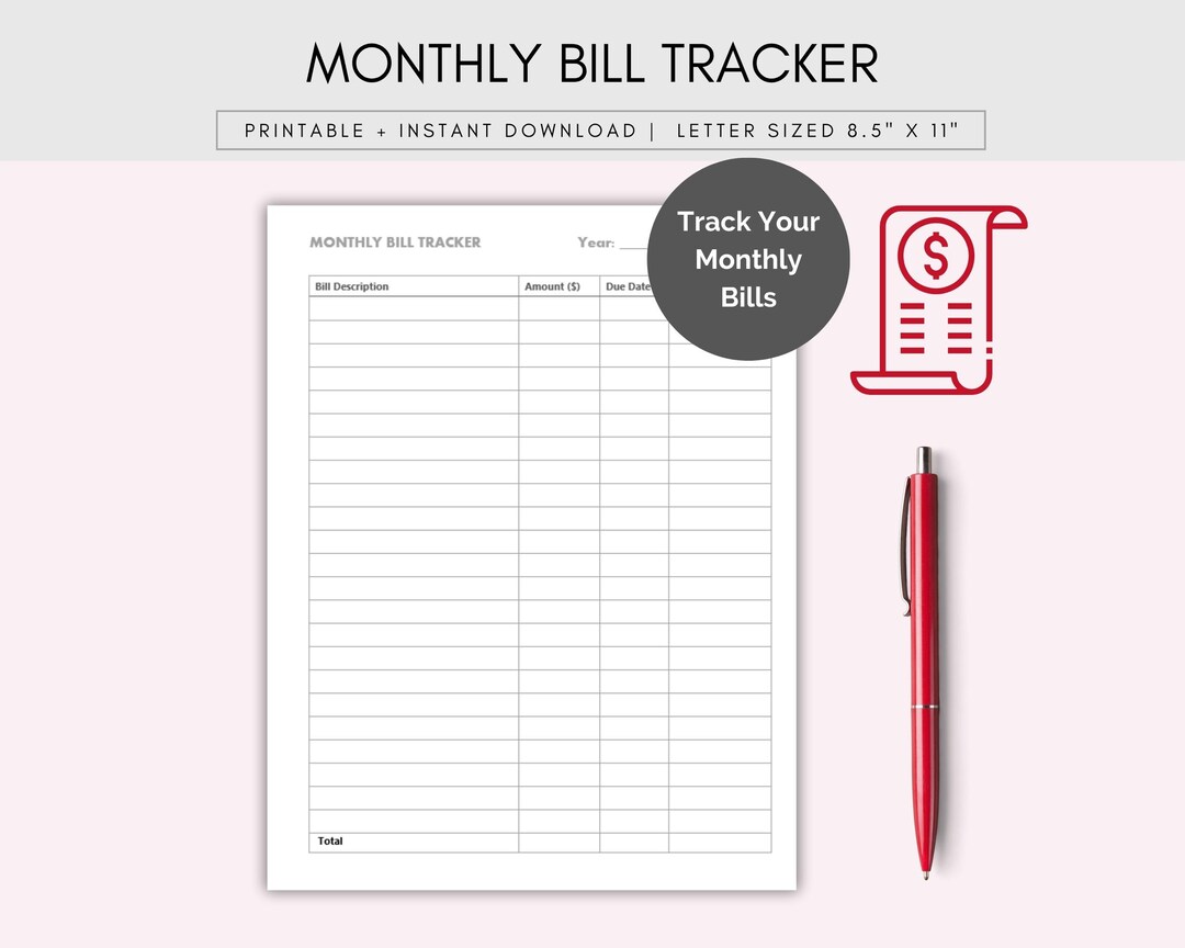 Printable Monthly Bill Tracker PDF | Budget Planner Insert | 8.5x11 ...
