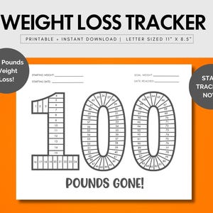 May include: A printable weight loss tracker with the text "WEIGHT LOSS TRACKER" at the top. The design features the numbers "100" with spaces to track weight loss progress. The text "POUNDS GONE!" is at the bottom.