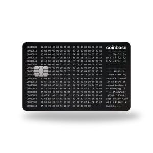 Puede incluir: Una tarjeta de pago rectangular negra con el logotipo blanco de Coinbase en la esquina superior derecha. La superficie está impresa con código hexadecimal y texto en blanco, incluyendo la frase The Times 03/Jan/2009 Chancellor on brink of second bailout.