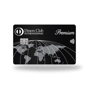 May include: Black Diners Club International Premium credit card with a world map design. The card features the Diners Club logo, the word "Premium", and a contactless payment symbol. The card has a chip for secure transactions.