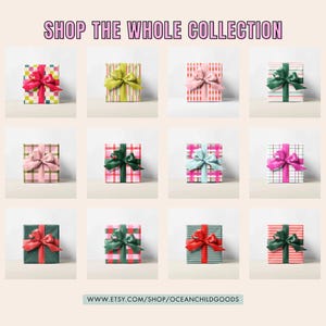 K&ouml;nnte beinhalten: Eine Sammlung von zw&ouml;lf Geschenkboxen, die mit buntem Papier und passenden B&auml;ndern verpackt sind. Die Boxen sind in einem Raster angeordnet, mit einer Vielzahl von Farben und Mustern. Der Text "SHOP THE WHOLE COLLECTION" steht oben.
