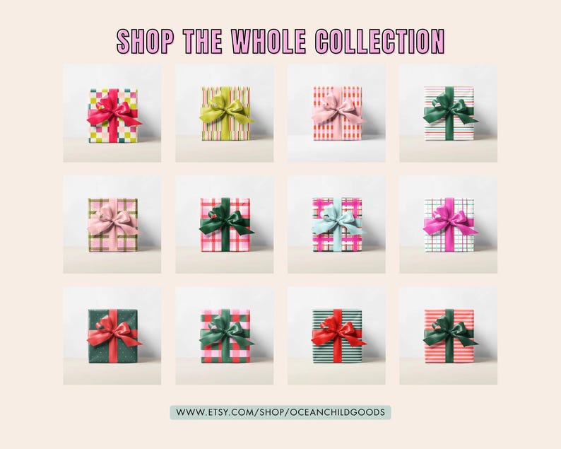 K&ouml;nnte beinhalten: Eine Sammlung von zw&ouml;lf Geschenkboxen, die mit buntem Papier und passenden B&auml;ndern verpackt sind. Die Boxen sind in einem Raster angeordnet, mit einer Vielzahl von Farben und Mustern. Der Text "SHOP THE WHOLE COLLECTION" steht oben.