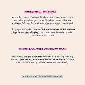 K&ouml;nnte beinhalten: Hellrosa Hintergrund mit schwarzem und violettem Text. Der Text enth&auml;lt Informationen zu Produktions- und Versandzeiten sowie zur R&uuml;ckgabe- und Umtauschrichtlinie. Die Etsy-Shop-URL ist ebenfalls enthalten.