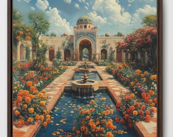 Mughal Style Palace Painting Framed Wall Art Afghan Pakistani Indian Subcontinent Persian Print Poster Islamic decor Lahore Courtyard garden
