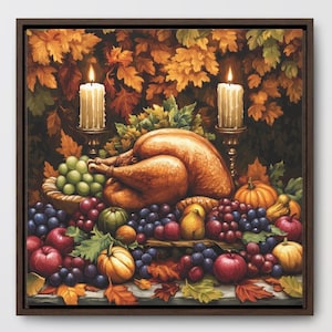 Thanksgiving Table Fall Harvest Kitchen Art Painting Matte Vertical Posters, Canvas Frame Fruits Pumpkin Gothic Wall Art, Autumn Home Decor